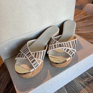Jimmy Choo Genuine Leather, Cream/Grey Cross Straps, Pandora Platform Sandals
